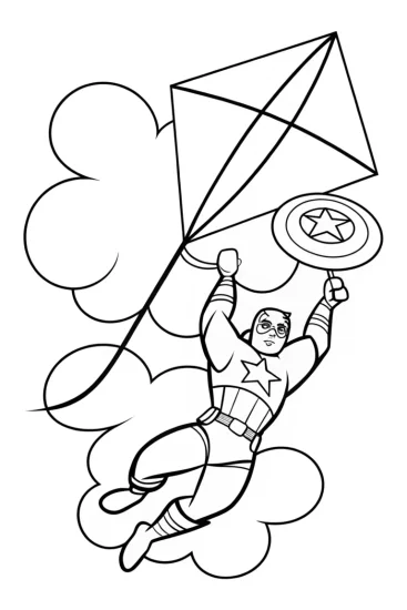A coloring page of Captain America flying a kite