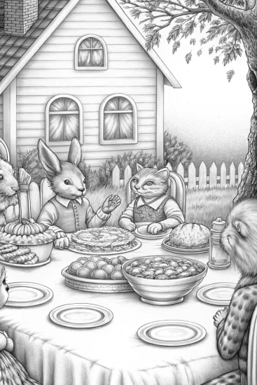 A coloring page of Animals having a Thanksgiving feast