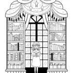 Lucy in a whimsical bookstore