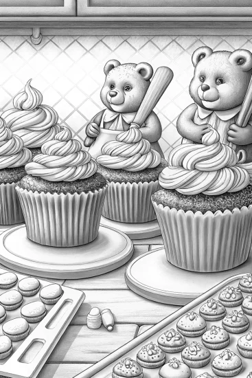 A coloring page of Care Bears baking giant cupcakes