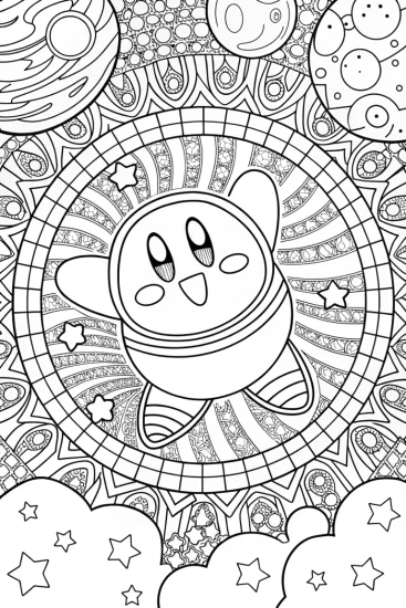 A coloring page of Kirby dancing in space