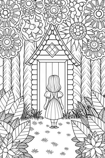 A coloring page of Lucy in the enchanted puzzle garden