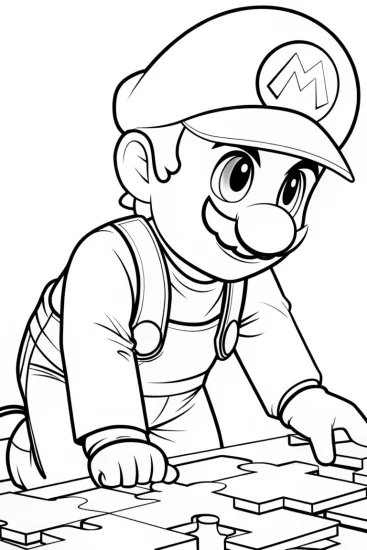 A coloring page of Mario solving a giant puzzle