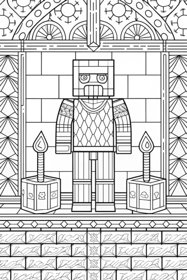 A coloring page of Minecraft character at a sky forge