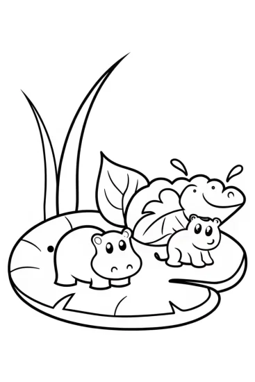 A coloring page of Animals on a floating leaf