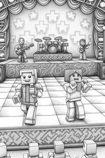A coloring page of Minecraft characters in concert