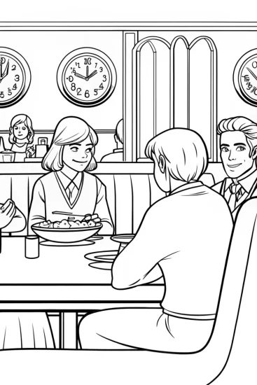 A coloring page of Thanksgiving time warp at the diner