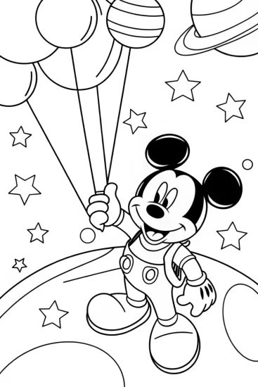 A coloring page of Mickey Mouse in a cosmic adventure