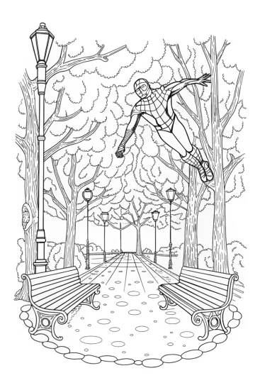 A coloring page of Miles Morales in the park