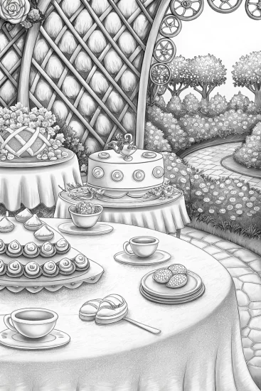 A coloring page of Felicity’s whimsical tea party