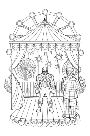 A coloring page of Venom’s shadow puppetry at carnival