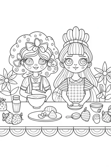A coloring page of Cupcake Chic and Apple Blossom cooking