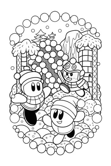 A coloring page of Kirby snowball fight scene