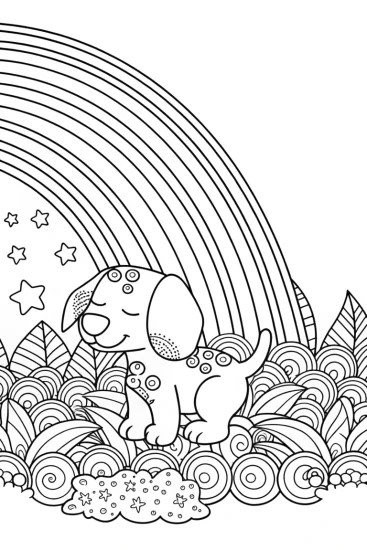 A coloring page of Puppy under the celestial rainbow