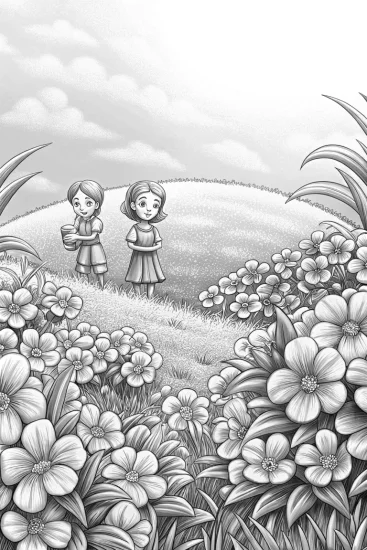 A coloring page of Flower timekeepers in a meadow