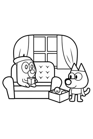 A coloring page of Bluey and Bingo’s music box adventure