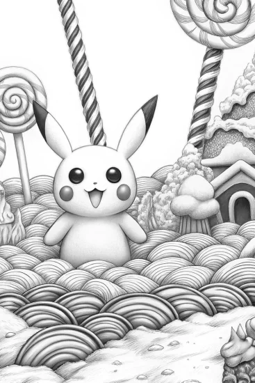 A coloring page of Pikachu in Candy Land