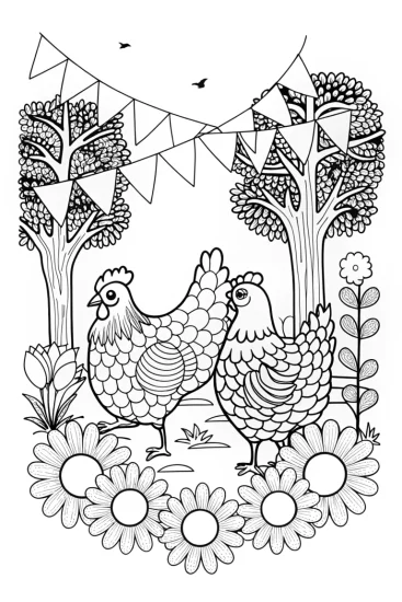 A coloring page of Chickens at a garden festival