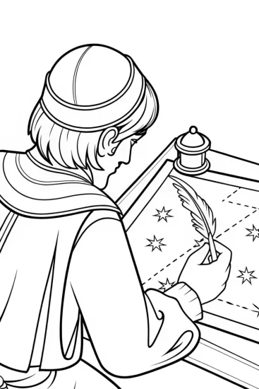 A coloring page of Cartographer sketching stars