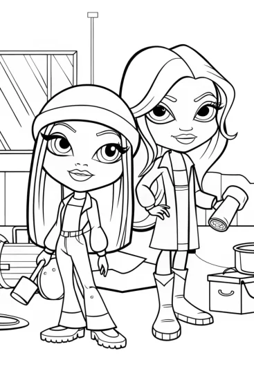 A coloring page of Bratz dolls in a weather workshop