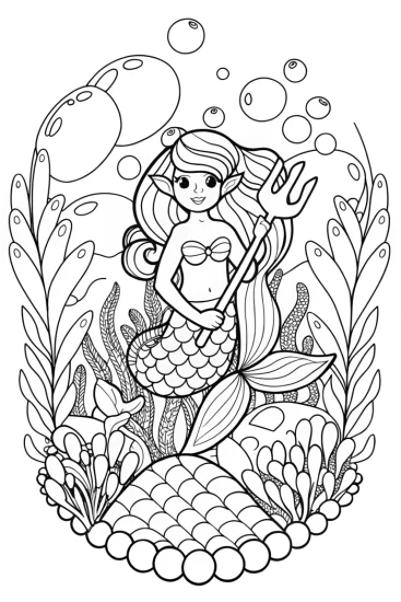 A coloring page of Little Mermaid gardening in a bubble