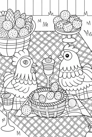 A coloring page of Chickens having a picnic