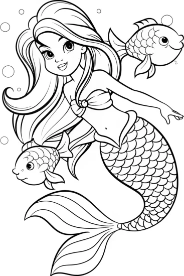 A coloring page of Mermaid dancing with celestial fish