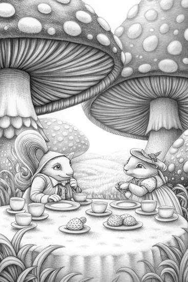 A coloring page of Mushrooms hosting a tea party