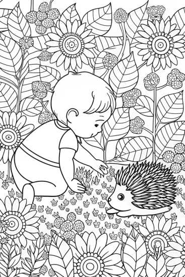 A coloring page of Baby exploring the garden with hedgehog