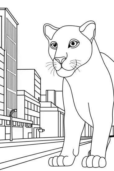 A coloring page of Black Panther in the city
