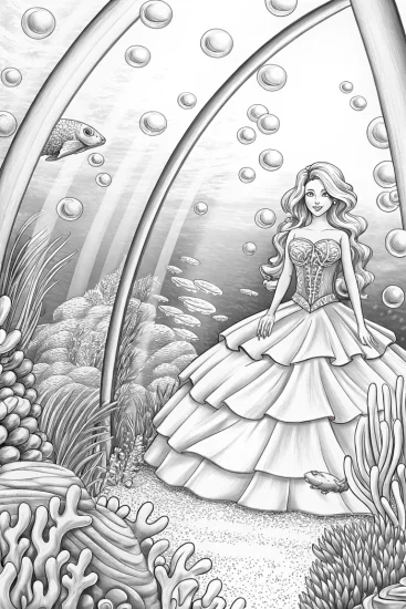 A coloring page of Barbie underwater fashion show