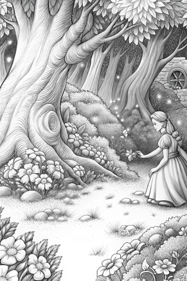 A coloring page of Princess caring for a magical forest