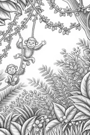 A coloring page of Monkeys swinging in summer trees