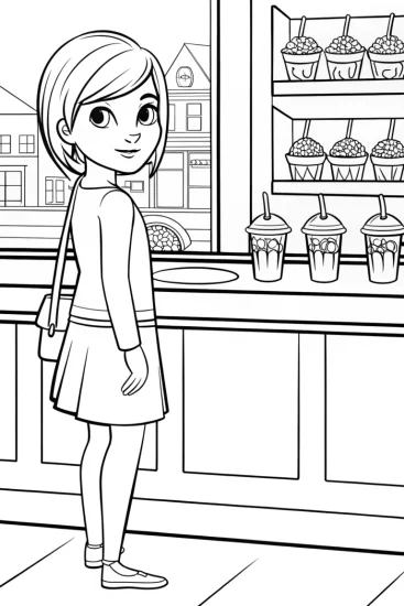 A coloring page of JJ at the bubble tea shop