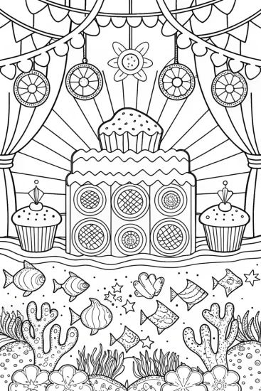 A coloring page of Cupcake Chic underwater music festival