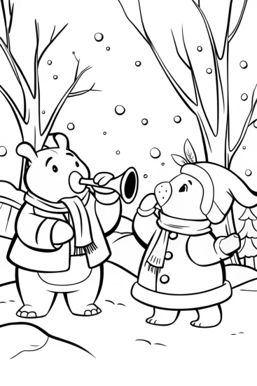 A coloring page of Animals playing music in the snow