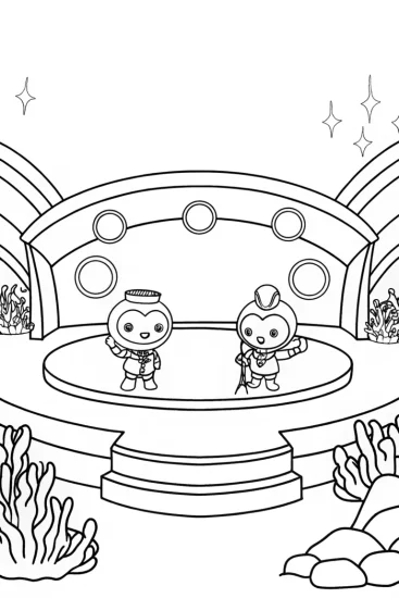 A coloring page of Octonauts underwater concert scene