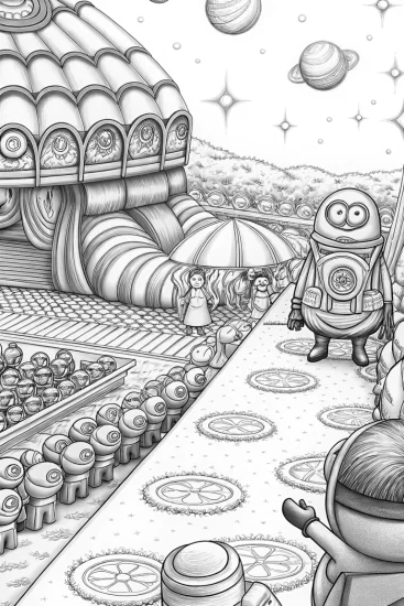 A coloring page of Minion at the Galactic Food Festival