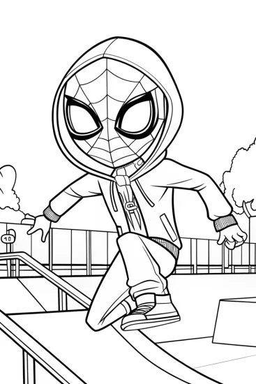A coloring page of Miles Morales in the skatepark