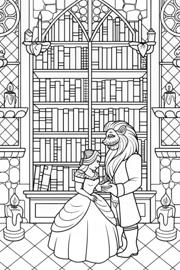 A coloring page of Belle and Beast in a magical library