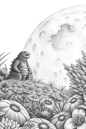 A coloring page of Godzilla gardening on another planet