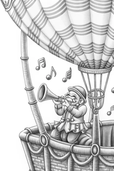 A coloring page of JJ in a musical hot air balloon