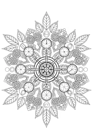 A coloring page of Whimsical mandala of timekeepers