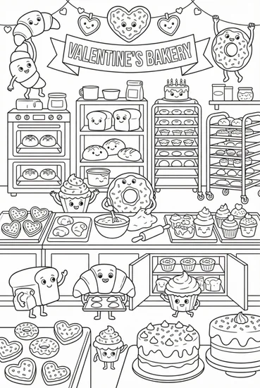 A coloring page of A bustling bakery scene with anthropomorphic pastries decorating Valentine’s Day treats Coloring Page
