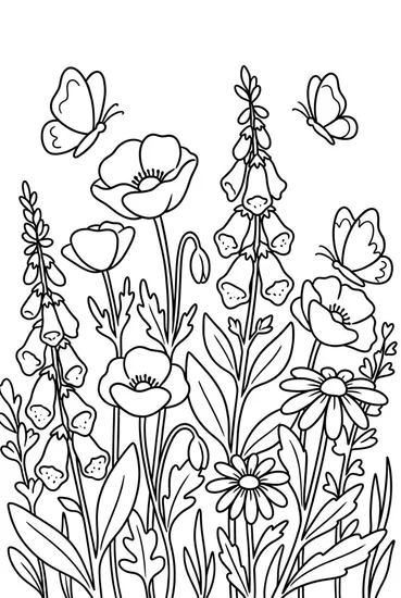A coloring page of Butterfly Wildflower Garden Coloring Page