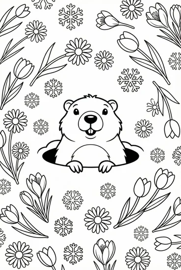 A coloring page of Groundhog’s Winter Wonderland Coloring Page