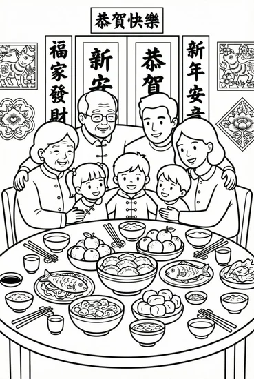 A coloring page of Lunar New Year Feast Coloring Page