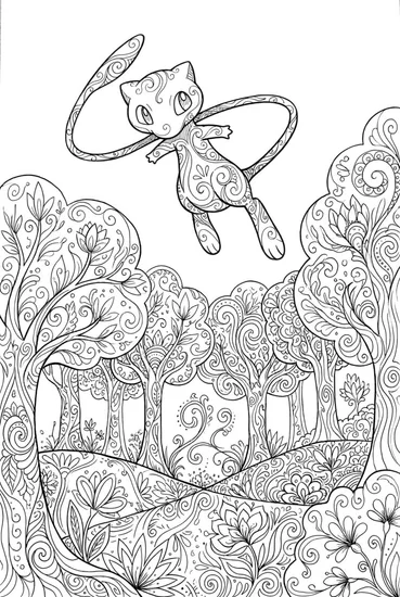 A coloring page of Mew’s Mystic Forest Flight Coloring Page