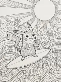 Pikachu Beach Surf Coloring Page