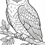 Snowy Owl Perched on a Branch with Frosty Leaves Coloring Page
